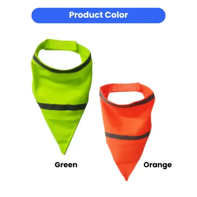 Close-up of two reflective dog bandanas in fluorescent green and bright orange with adjustable straps.