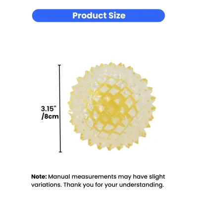 durable-dog-ball-size-chart-8cm Product size diagram showing the yellow chew ball has a diameter of 3.15 inches or 8 centimeters.