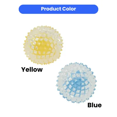 dog-chew-ball-color-options-yellow-blue Two spiked dog chew balls displayed in bright yellow and sky blue color options.