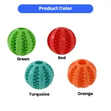 Four dog dental balls displayed in different colors: Green, Red, Turquoise, and Orange.