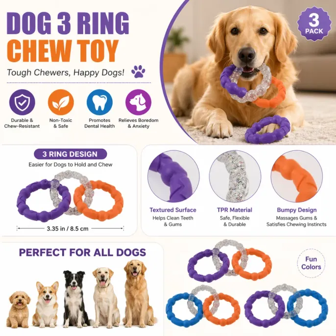Infographic showing a Golden Retriever with a chew toy, highlighting benefits like non-toxic TPR material, dental health promotion, and boredom relief.