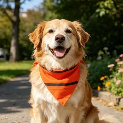 A happy golden dog sitting on a park path wearing a bright orange reflective safety bandana during the day.