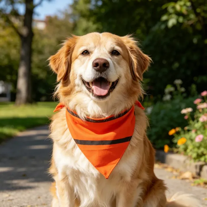 Golden Retriever Mix Wearing Reflective Safety Bandana A happy golden dog sitting on a park path wearing a bright orange reflective safety bandana during the day.