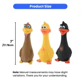 A product size infographic showing three duck toys in brown, yellow, and black with a height measurement of 7 inches or 17.78 cm.