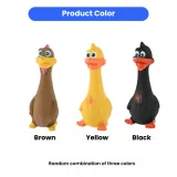 Three latex duck dog toys displayed in brown, yellow, and black colors with the text "Random combination of three colors."