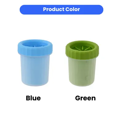 blue-and-green-color-options-dog-paw-cleaner An image with the title "Product Color." It shows two standing paw cleaner cups side-by-side against a white background. The cup on the left is light blue with the label "Blue," and the cup on the right is green with the label "Green."