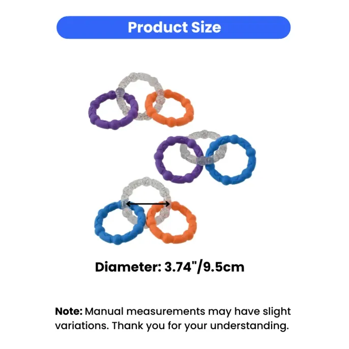 Product size diagram showing the interlocking dog rings with a diameter measurement of 3.74 inches or 9.5 cm.