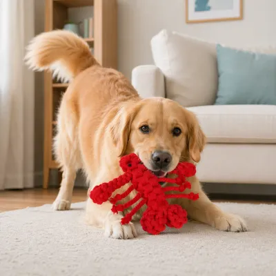 Durable Rope Lobster Dog Toy for Aggressive Chewers Indoor Play | Petfairs golden retriever playing with red rope lobster dog toy durable chew toy indoor pet play