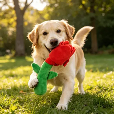 A happy Golden Retriever running through green grass with a bright red plush rose chew toy in its mouth.