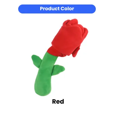 A studio shot of the red plush rose dog toy against a white background, highlighting the soft fabric and green stem.