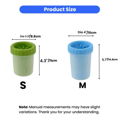 pet-paw-cleaner-product-size-chart-small-and-medium An informational chart with the text "Product Size" at the top. It displays two paw cleaner cups: a green one on the left labeled "S" (small) and a blue one on the right labeled "M" (medium). Dimension arrows indicate the diameter and height for each, wit