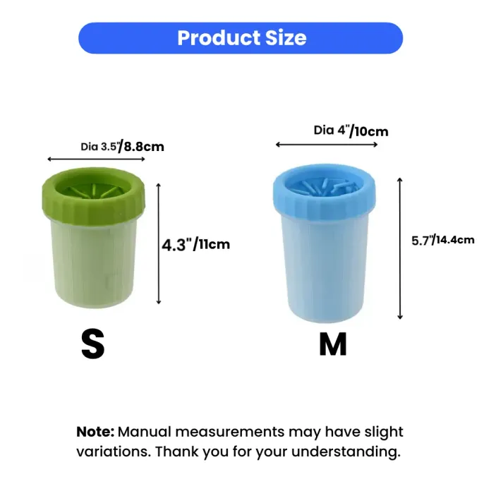 An informational chart with the text "Product Size" at the top. It displays two paw cleaner cups: a green one on the left labeled "S" (small) and a blue one on the right labeled "M" (medium). Dimension arrows indicate the diameter and height for each, wit