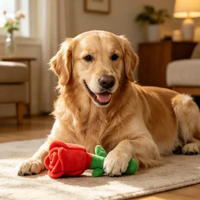 A Golden Retriever lying on a rug inside a cozy living room with a red plush rose toy between its paws.