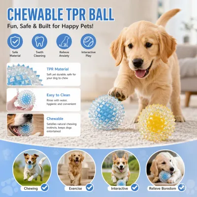 chewable-tpr-dog-ball-features-benefits Infographic showing a Golden Retriever puppy with a blue TPR ball, highlighting features like teeth cleaning, anxiety relief, and safe materials.
