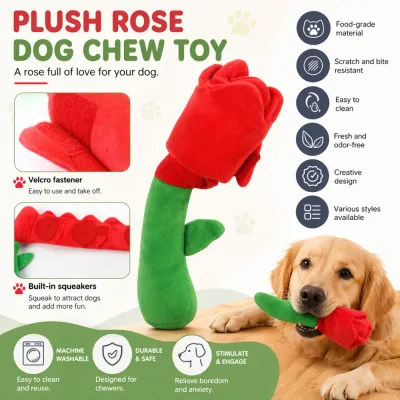 Infographic showing a plush rose dog chew toy with features like built-in squeakers, velcro fasteners, and machine washable food-grade material.