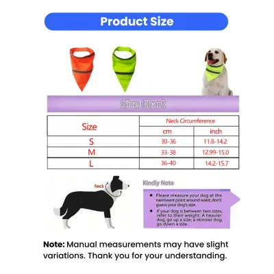 A size chart table for dog bandanas listing Small, Medium, and Large sizes with neck circumference in centimeters and inches.