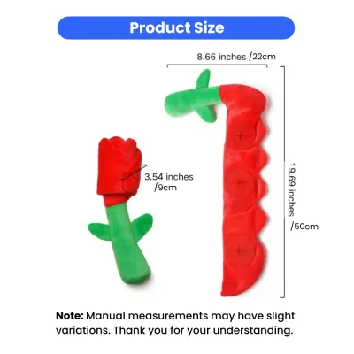 Product size chart showing the rose toy measurements: 3.54 inches for the rose head and 19.69 inches for the extended stem.