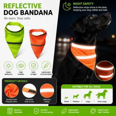 Infographic showing dog bandana features: machine washable, durable polyester, adjustable hook and loop, and breathable fabric.