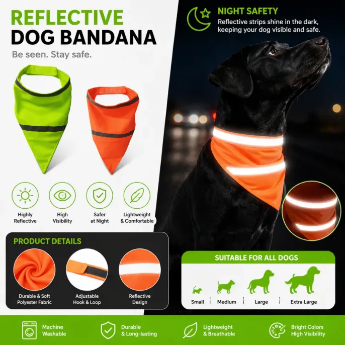 Reflective Dog Bandana Benefits and Features Infographic showing dog bandana features: machine washable, durable polyester, adjustable hook and loop, and breathable fabric.