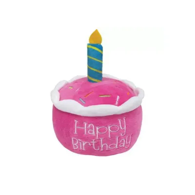 Pink happy birthday cake plush toy for dogs, soft squeaky plush chew toy for puppy birthday gifts
