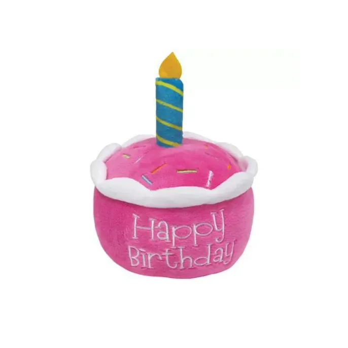 Pink Dog Birthday Cake Plush Toy - Soft Squeaky Puppy Birthday Gift Toy Pink happy birthday cake plush toy for dogs, soft squeaky plush chew toy for puppy birthday gifts