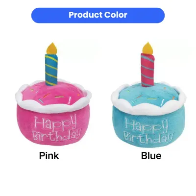 Pink and blue dog birthday cake plush toys color display, soft plush squeaky pet birthday toys for dogs