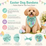 Feature details of Easter dog bandana showing lightweight poly cotton fabric soft touch adjustable fit and bunny design