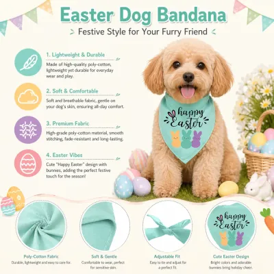 Easter Dog Bandana Lightweight Soft Holiday Pet Scarf Features Feature details of Easter dog bandana showing lightweight poly cotton fabric soft touch adjustable fit and bunny design