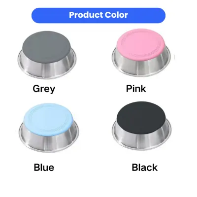 Four color options of stainless steel dog bowl with anti-slip silicone bottom including grey pink blue and black.
