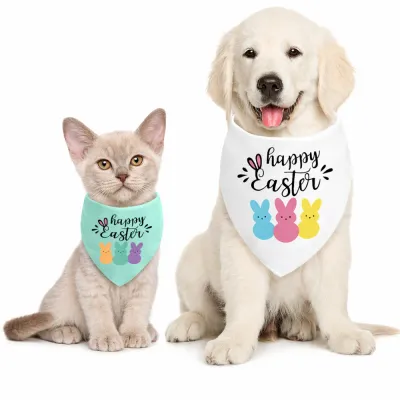 Easter Dog Bandana and Cat Bandana Happy Easter Pet Bib Display Dog and cat wearing Happy Easter pet bandana bib in white and green festive bunny print design