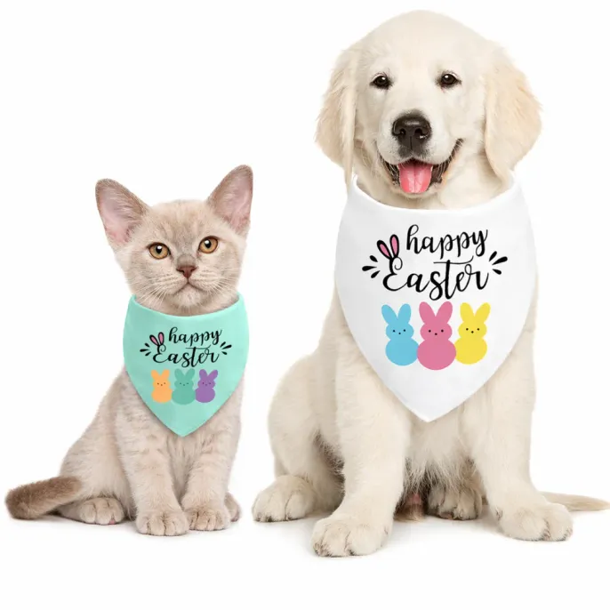 Dog and cat wearing Happy Easter pet bandana bib in white and green festive bunny print design