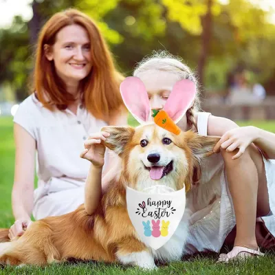 Festive Easter Dog Bandana Outdoor Family Holiday Pet Costume Scene Cute dog wearing Happy Easter bandana and bunny ear headband in outdoor family spring holiday setting