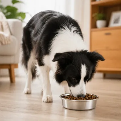 Border collie eating kibble from stainless steel pet feeding bowl in indoor living room scene.
