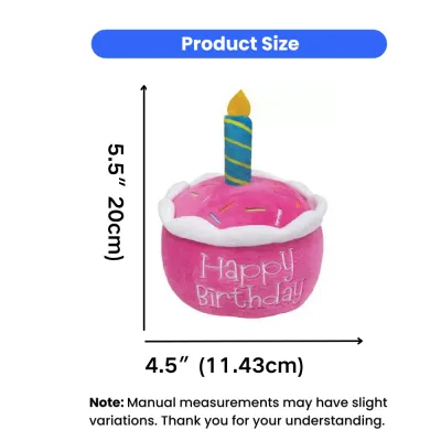 Dog birthday cake plush toy product size measurement chart, soft squeaky plush dog toy 5.5 inch by 4.5 inch