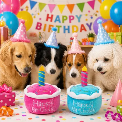 Multiple dogs wearing birthday hats with pink and blue birthday cake plush toys at colorful pet birthday party