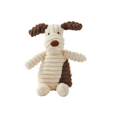 Dog Shape Plush Squeaky Dog Toy Soft Durable Pet Chew Toy Bulk Petfairs Brown and cream dog shaped plush squeaky chew toy isolated on white background