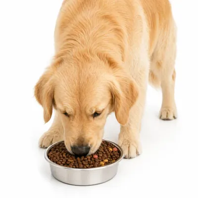 Golden retriever eating dry food from a stainless steel non slip dog bowl on white background.