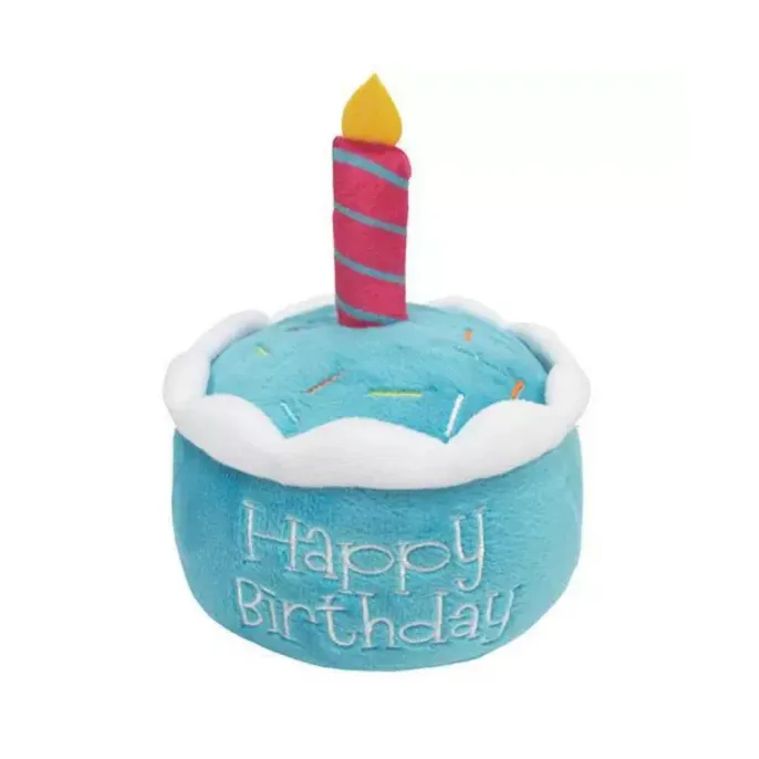 Blue Dog Birthday Cake Plush Toy - Cute Birthday Squeaky Pet Toy for Dogs Blue happy birthday cake plush toy for dogs, festive soft squeaky birthday chew toy for puppies