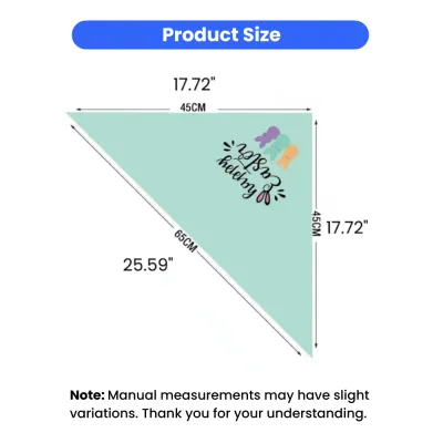 Easter Pet Bandana Size Chart Adjustable Dog Scarf 17.72 Inch Size chart of Easter dog bandana showing adjustable triangle scarf dimensions for small medium and large pets