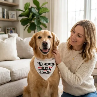 Mother's Day Lifestyle Pet Gift Scene Smiling woman with a dog wearing Mommy Is My Bestie bandana in a cozy living room setting