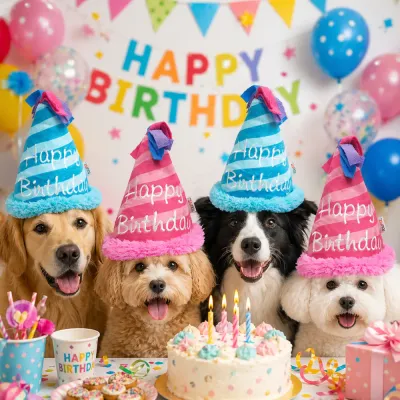 Four different dog breeds wearing pink and blue birthday hats sitting behind a dog-friendly birthday cake.