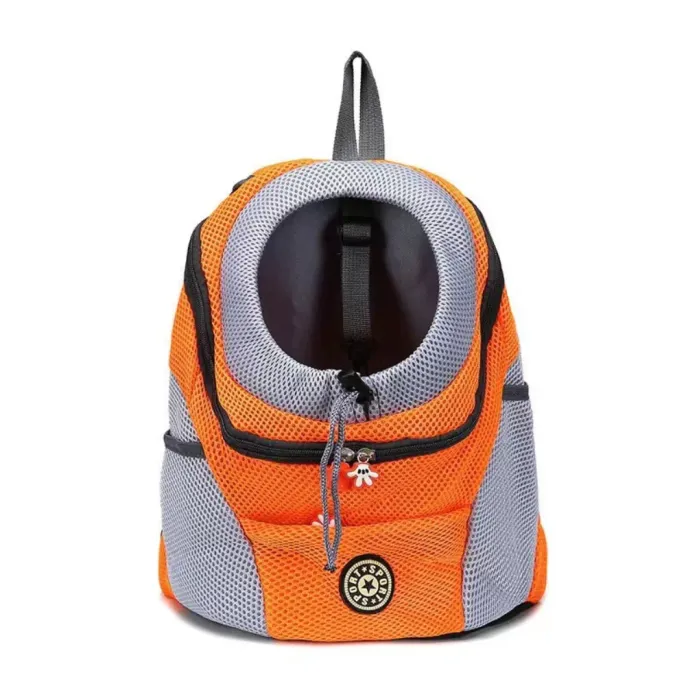 bright-orange-small-dog-carrier-backpack Front view of a bright orange mesh backpack designed for carrying small dogs and cats.