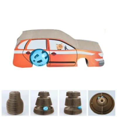 Car shaped accordion cardboard cat scratcher toy with built in rolling bell ball magnetic expandable cat toy