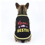 French Bulldog wearing black Mama's Bestie dog t-shirt with yellow trim back view