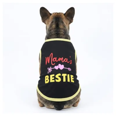 C:\Users\ty004600\Desktop\PF\产品18 French Bulldog wearing black Mama's Bestie dog t-shirt with yellow trim back view