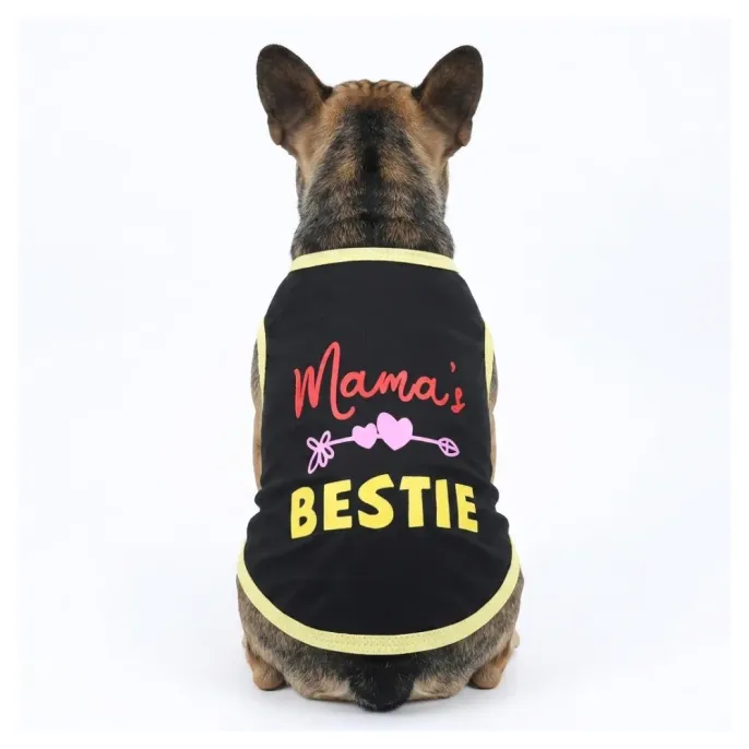 French Bulldog wearing black Mama's Bestie dog t-shirt with yellow trim back view