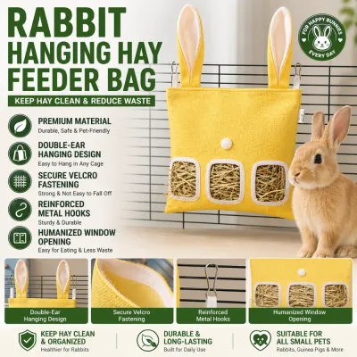 Infographic showing features: premium material, double-ear hanging design, secure Velcro fastening, reinforced metal hooks, and humanized window openings.
