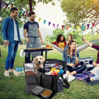 Dog-Travel-Bag-Outdoor-Picnic-Lifestyle A group of people at a park picnic with a dog and the black pet travel bag open, showing food bowls and water bottles.