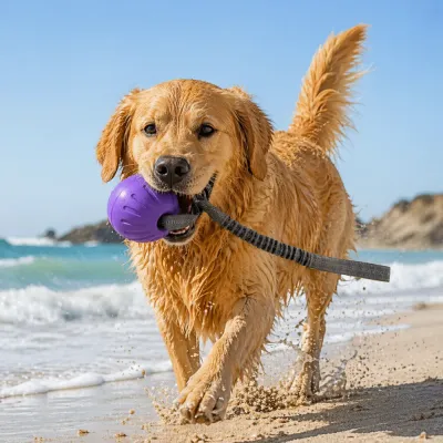 durable-eva-floating-dog-training-ball-features Infographic highlighting features: Heavy-duty EVA material, water floating design, shock-absorbing elastic rope, and comfort grip handle.