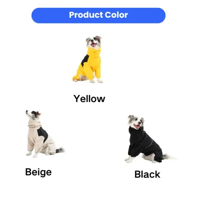 Dog Raincoat Color Varieties - Yellow, Beige, Black Three dogs showcasing the waterproof raincoat in three different colors: vibrant Yellow, neutral Beige, and classic Black.